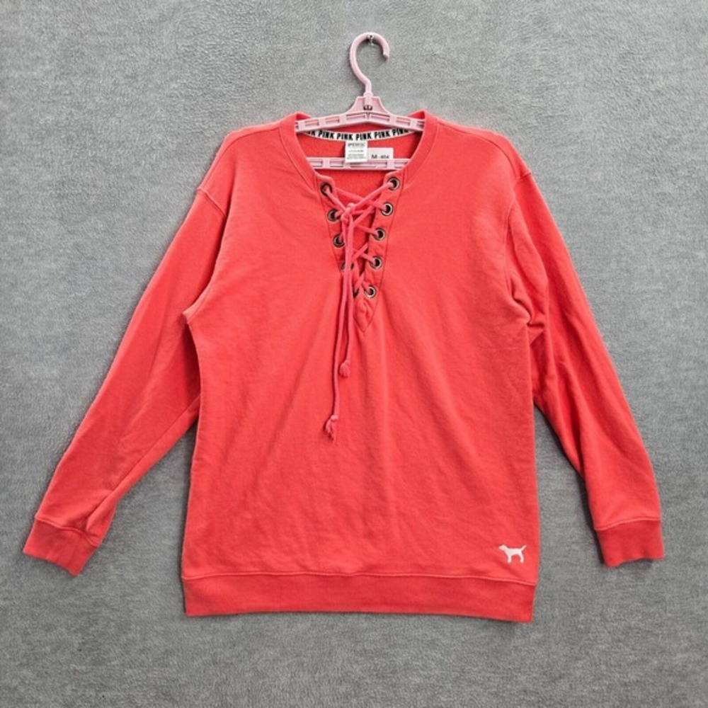 PINK Victoria's Secret Women Sweatshirt Small Orange Lace Up V Neck Logo‎